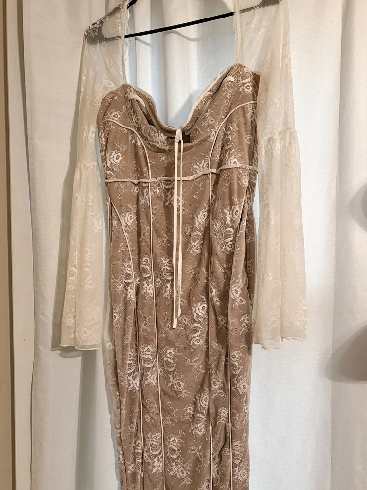Fashion Nova Beige Strapless Lace-Overlay Dress